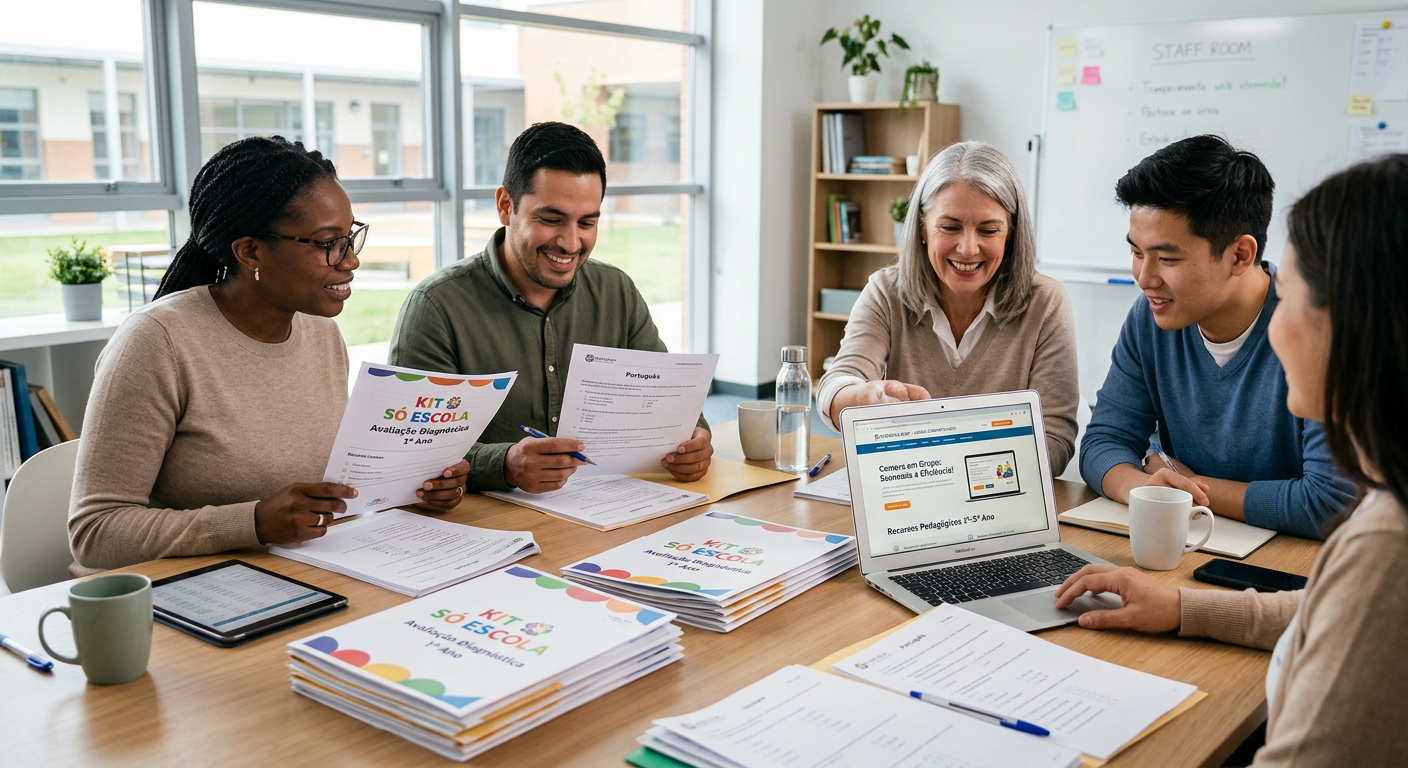 Professores em grupo revisam avaliações diagnósticas do KIT SÓ ESCOLA para o ensino fundamental, discutindo como o acesso compartilhado economiza custos e otimiza o trabalho.