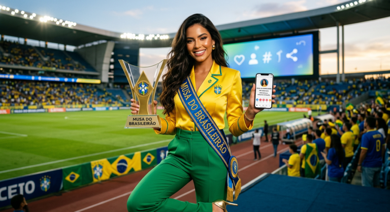 Musa do Brasileirão em destaque, simbolizando o treinamento para se tornar uma figura pública influente no futebol digital.