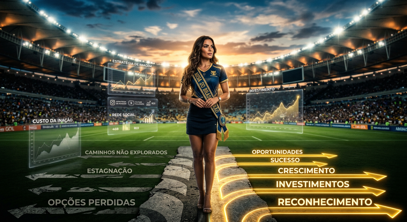 Musa do Brasileirão em estádio, com elementos visuais de caminhos estratégicos, oportunidades e o custo de não agir.