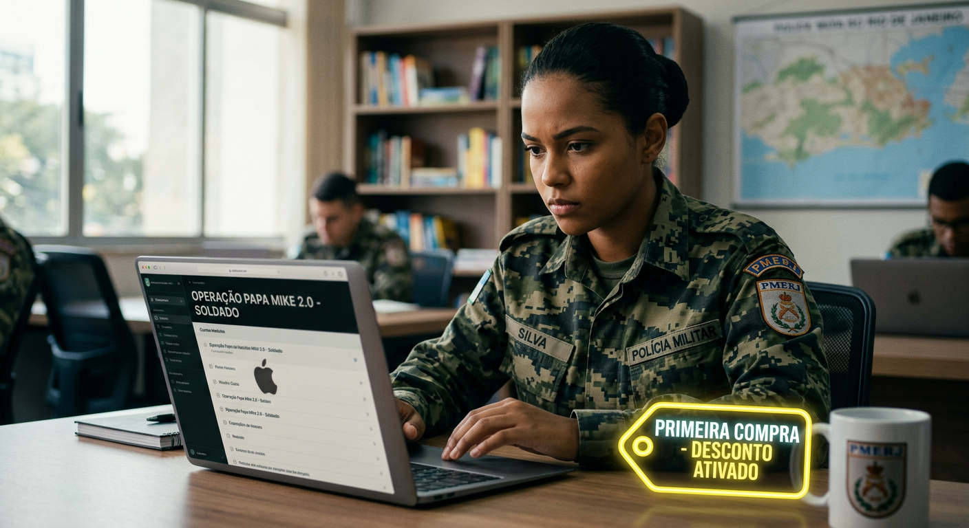 Jovem determinado estudando para PMERJ no curso Operação Papa Mike 2.0 em tablet, com destaque para cupom de desconto de primeira compra.