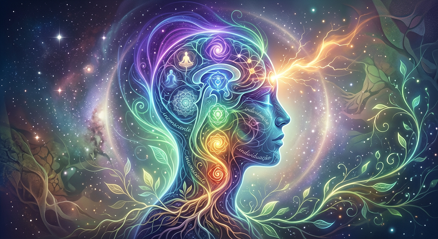 Ilustração de Psicanálise Holística Clínica com elementos de mente, espírito e energia, simbolizando uma formação completa e uma oferta relâmpago.