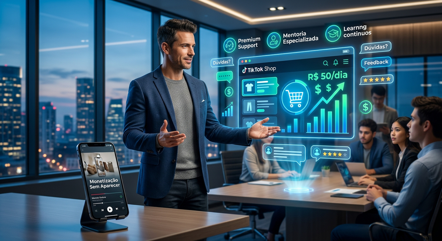 Imagem digital de um mentor apresentando a interface do TikTok Shop com elementos visuais de ganhos diários, suporte premium e monetização sem aparecer em vídeos, em um ambiente tecnológico.