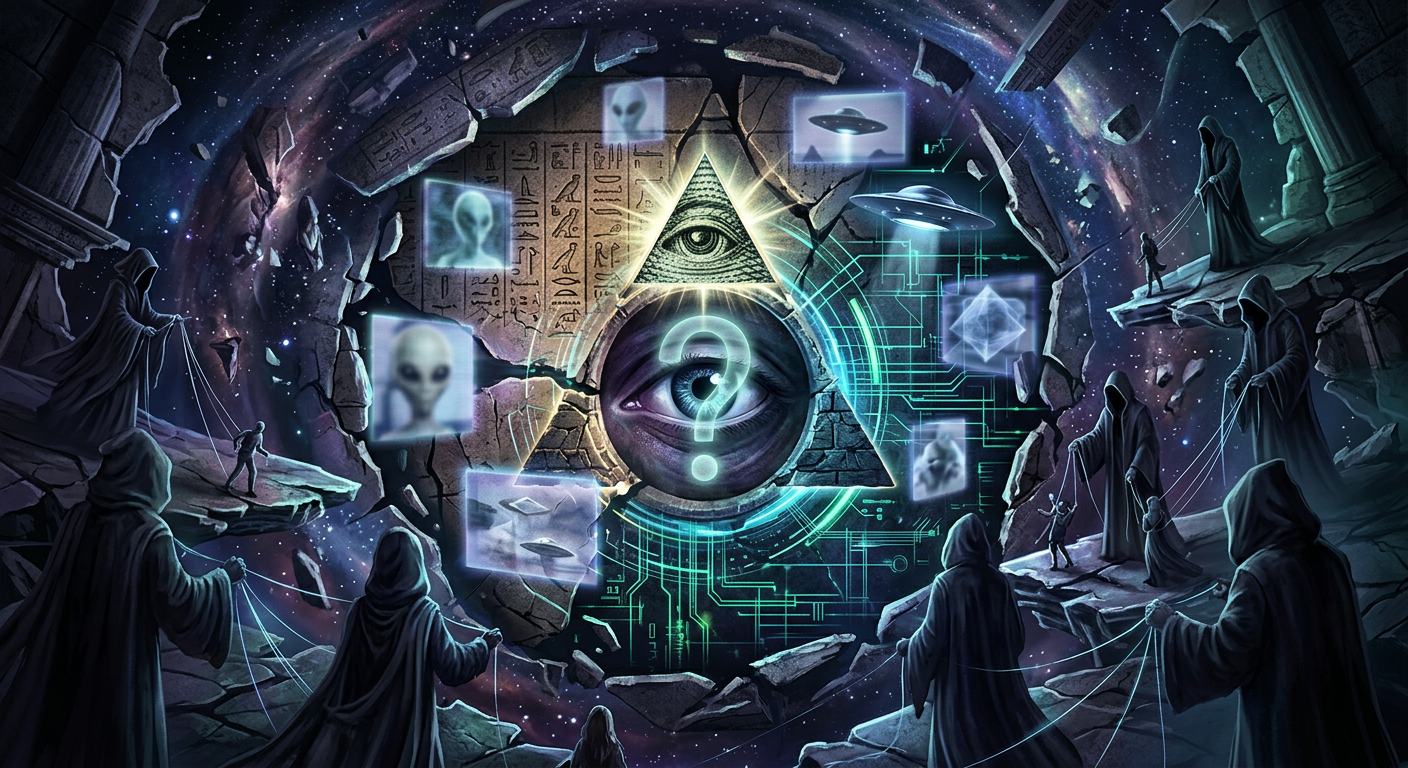Ilustração conceitual de teorias da conspiração, com um olho, pirâmide, OVNIs e elementos futuristas, simbolizando a busca pela 'Única Verdade' e a dúvida sobre ser uma compilação.