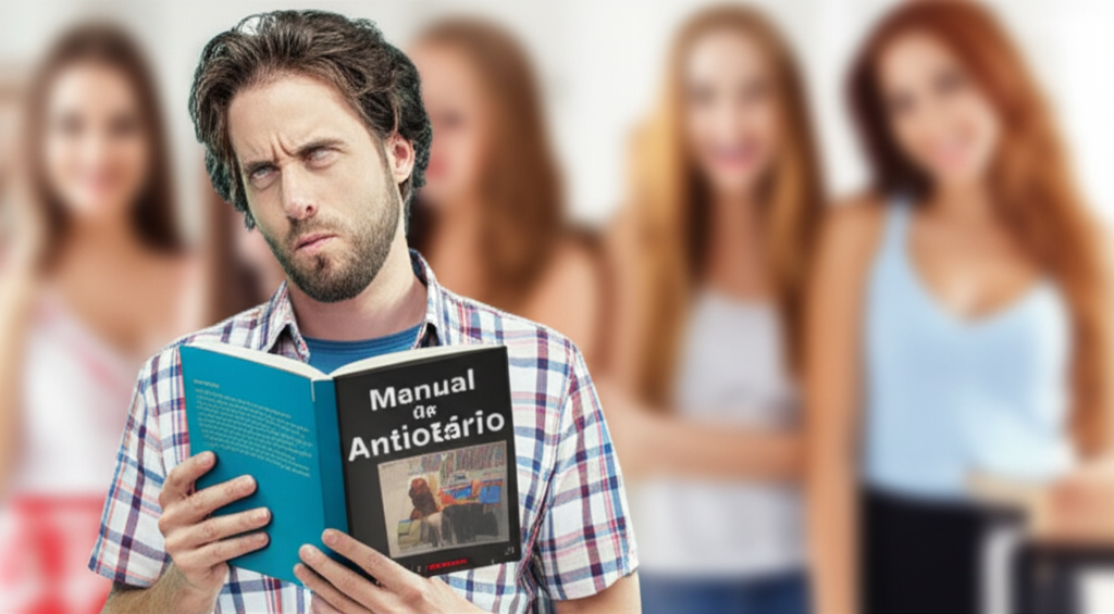 Homem confuso cercado por mulheres, com livro Manual do Antiotário
