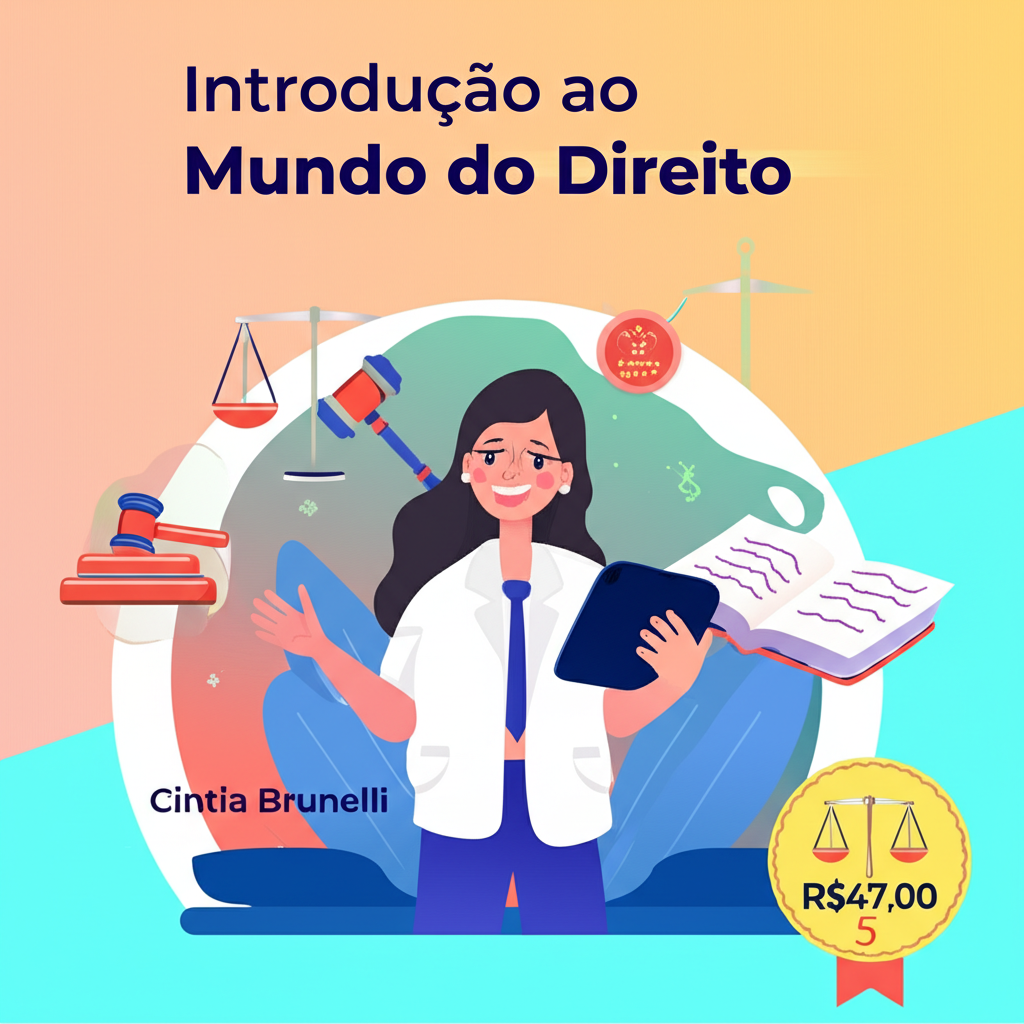 Capa do eBook 'Introdução ao Mundo do Direito' com figura de jovem profissional, símbolos jurídicos e design colorido e acessível.
