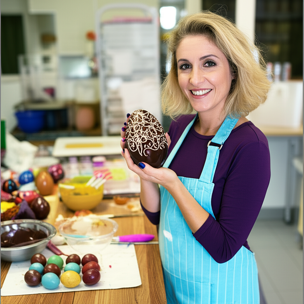 <h1>A Nova Era da Páscoa: Análise Completa do Curso da Marrara para Quem Quer Lucrar!</h1> 1 Confeiteira segurando um ovo de Páscoa decorado