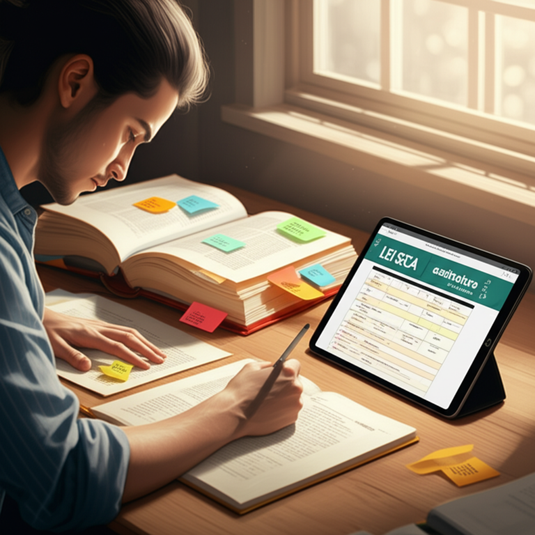 Estudante estudando a Lei SECA com livros, notas adesivas e agenda digital de estudos.