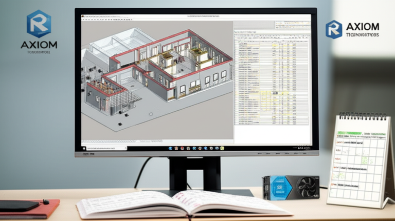 Estação de trabalho com Revit 2025 exibindo modelo BIM complexo, ao lado de hardware recomendado (i7, 16 GB RAM, SSD 500 GB, GTX 1650) e notas de fluxo BIM da formação Axiom.