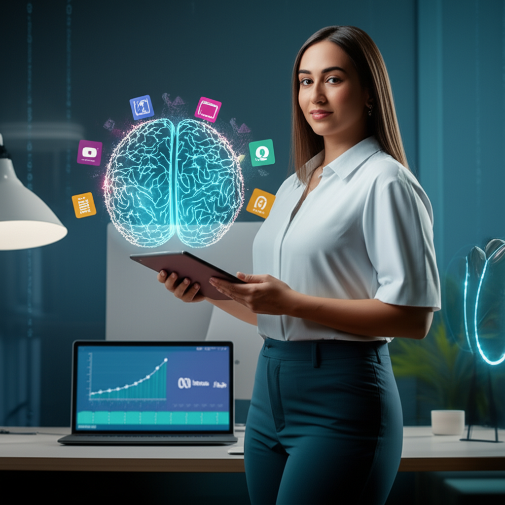 Nati Abreu, criadora do curso Segredos da Renda Automática, em um ambiente digital com elementos de IA e marketing online.