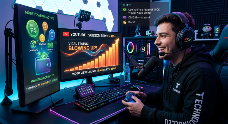 Jovem gamer sorrindo em setup de streaming com telas mostrando crescimento viral no YouTube e símbolos de dinheiro, representando sucesso e monetização.