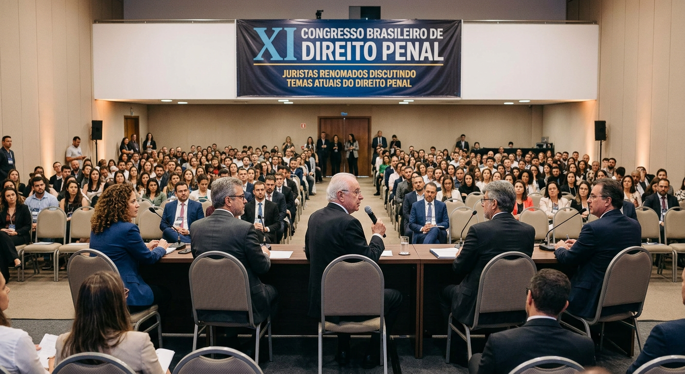 Imagem de um congresso jurídico com palestrantes e plateia