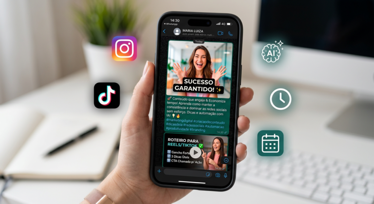 Smartphone mostrando chat do WhatsApp com post pronto para redes sociais do ZapPost.