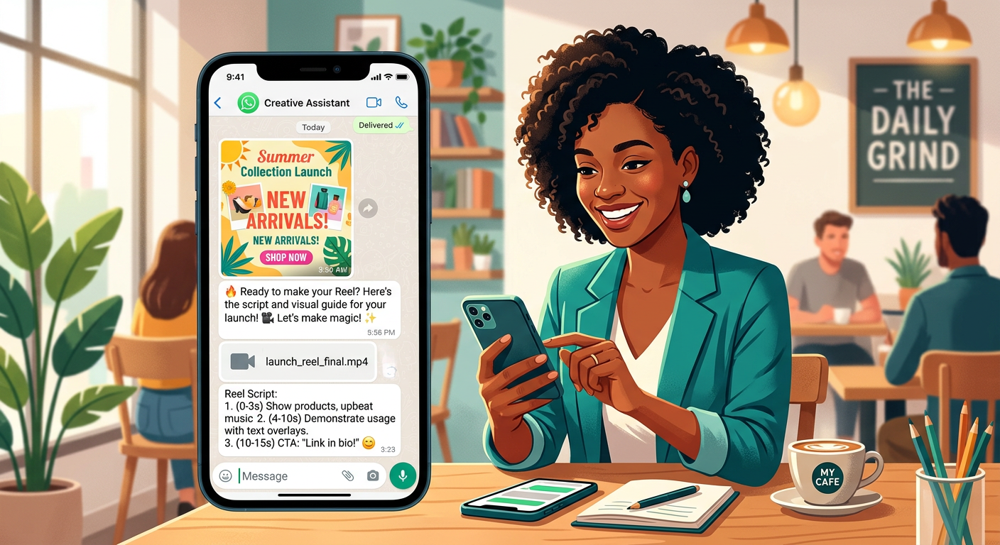 Empreendedor(a) satisfeito(a) recebendo posts diários personalizados para redes sociais via WhatsApp pelo serviço ZapPost no seu smartphone.