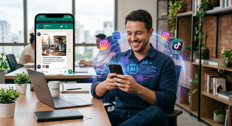 Empreendedor feliz usando o ZapPost para receber posts diários prontos e personalizados para Instagram e TikTok diretamente via WhatsApp.