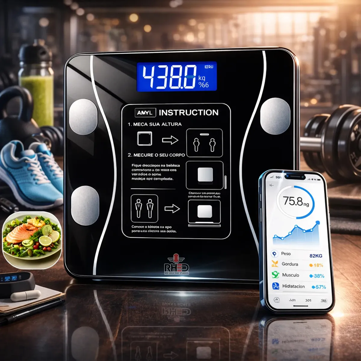Balança digital de bioimpedância Bluetooth RHEAD RED HIGH END STUDIOS preta, com superfície de vidro temperado, exibindo métricas corporais e conectada a smartphones Android e iOS via app.