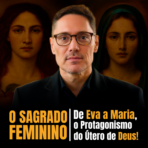 Ilustração do curso O Sagrado Feminino com símbolos de Eva, Maria e o útero sagrado, integrando elementos bíblicos e teológicos em estilo clássico.