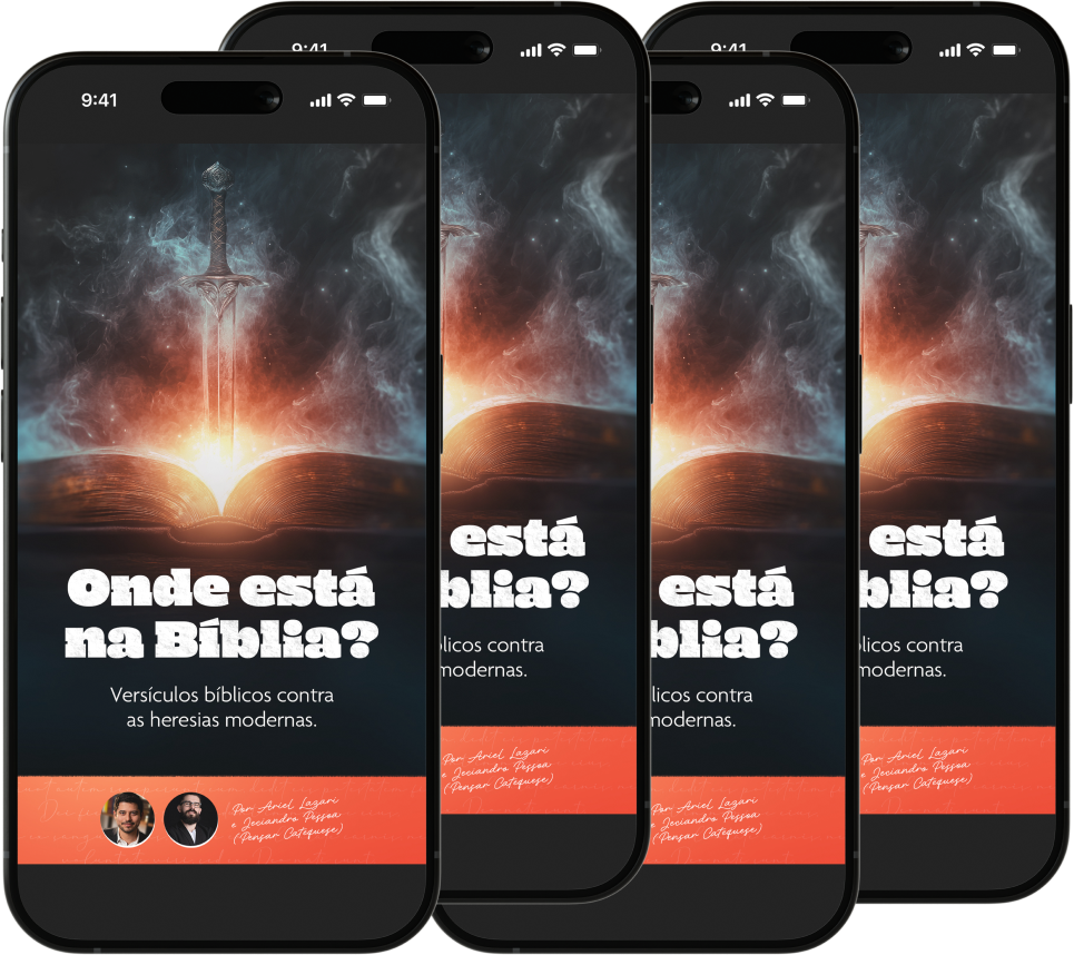 Capa do e‑book "Onde está na Bíblia" com Bíblia aberta, mapa da Terra Santa, artefatos arqueológicos e figuras representando católico e protestante em debate.