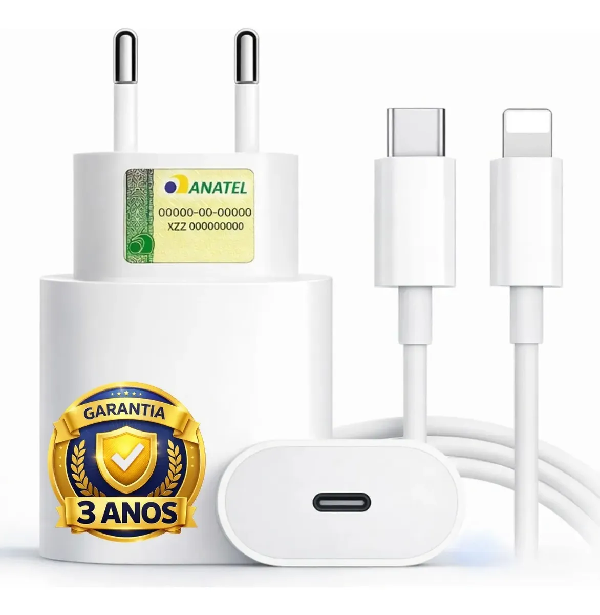 Carregador Boyu Cell 20W Turbo branco, compatível com iPhone 8 a 14 Pro Max, com cabo USB‑C para Lightning conectado a um iPhone em carga rápida.