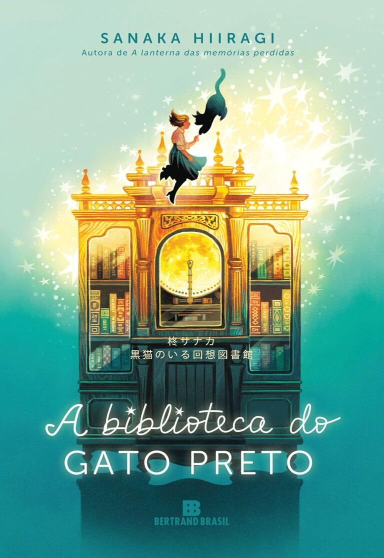 Gato preto misterioso em um beco ao entardecer pergunta a uma mulher desanimada, enquanto o beco se transforma em uma biblioteca infinita cheia de estantes e livros flutuantes iluminados por luz dourada.