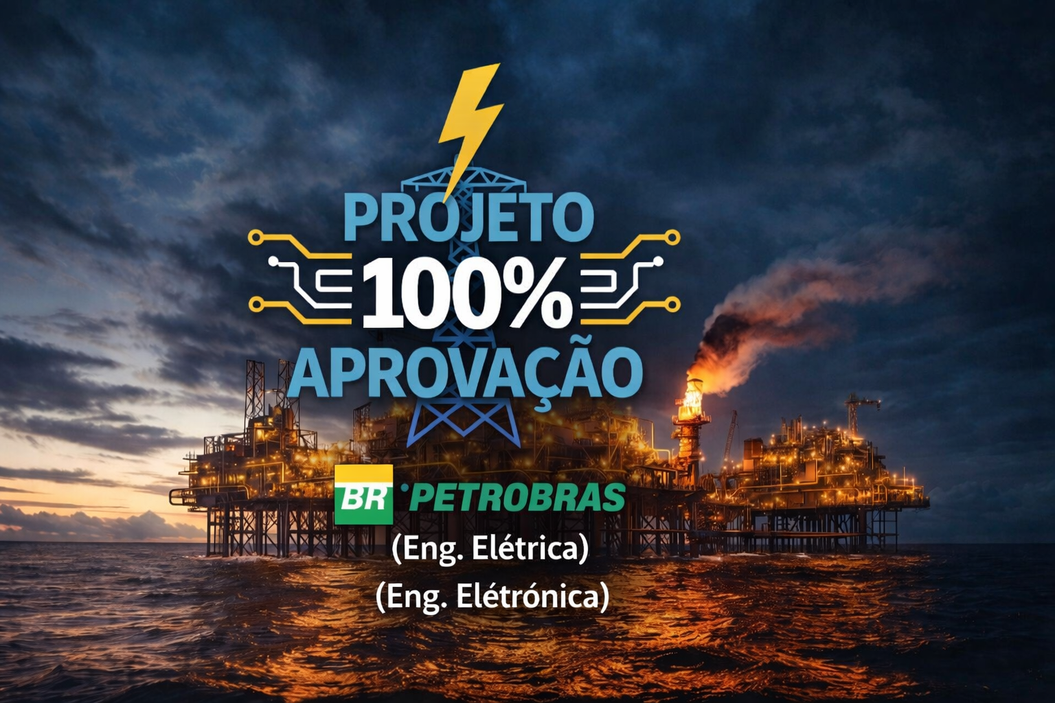 Ilustração que combina o logo da Petrobras com símbolos de engenharia elétrica e eletrônica, um selo de preço e elementos de educação online.