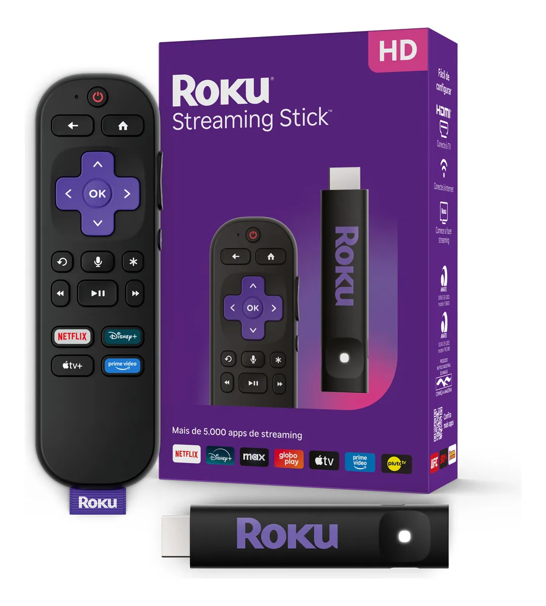 Roku Streaming Stick 2025 preto conectado à TV, com controle remoto de voz ao lado, exibindo a tela inicial de streaming.