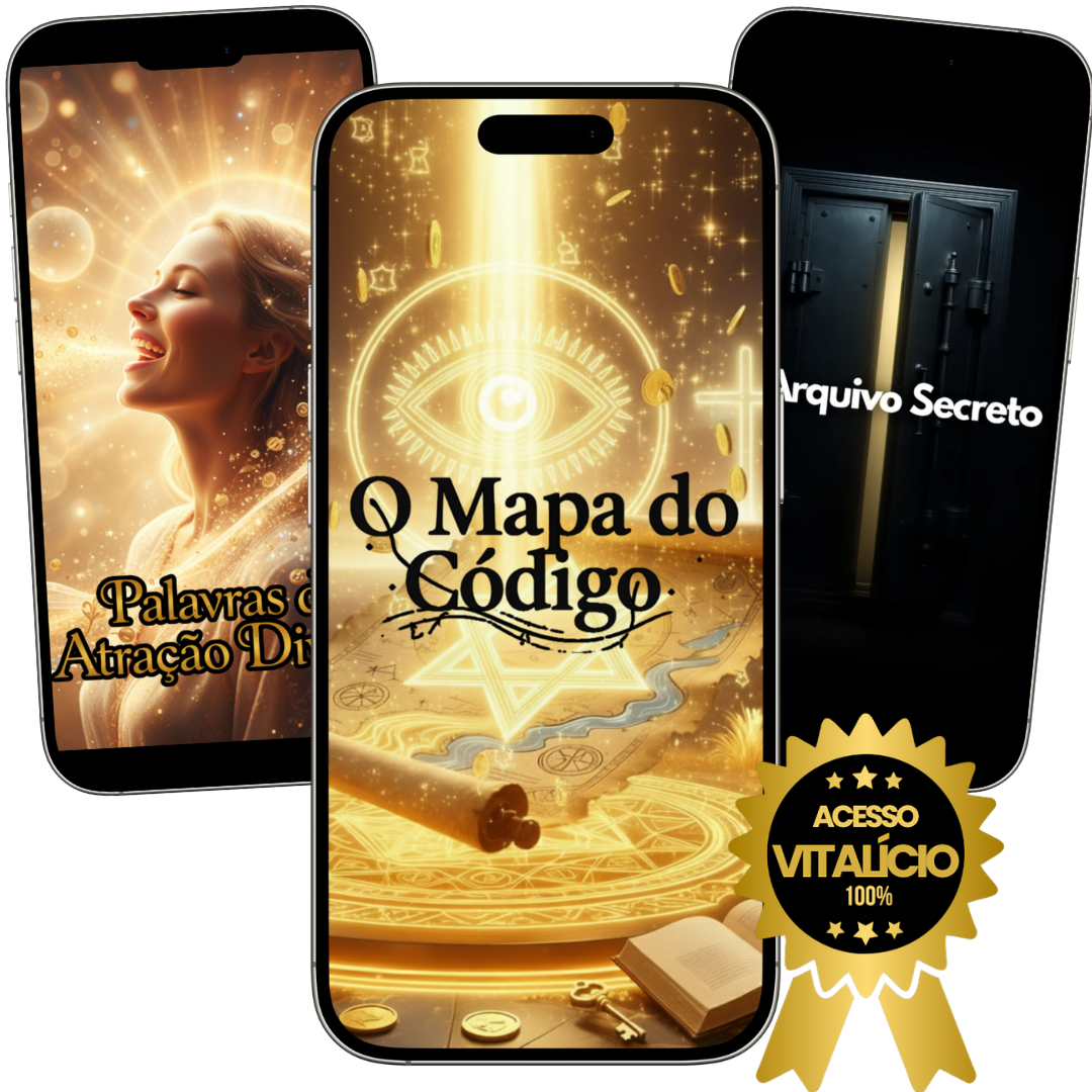 Victor Doné diante de um código luminoso de energia espiritual, simbolizando a reprogramação mental e a prosperidade.